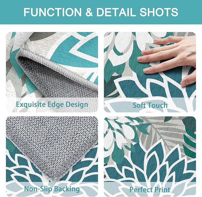 Colorful 2x6 Washable Runner Rug for Hallway Tropical Botanical Modern Floral Chenille Kitchen Rugs Low Pile Non Slip Carpet for Patio, Bedroom, Laundry, Teal
