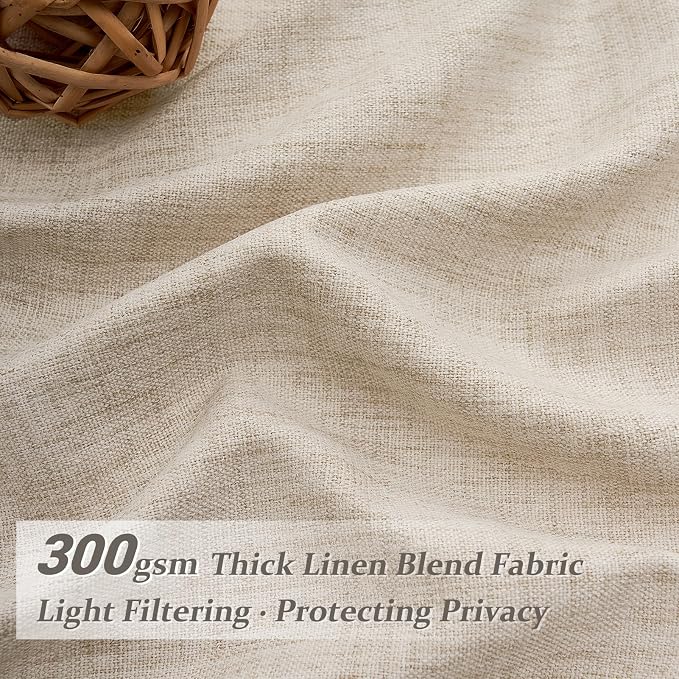 Natural Pleated 60 Inch Wide Curtains 92 Inches Long for Nursery 2 Panel Set, Memory Shape Flax Linen Semi Sheer Modern Curtain Light Filtering Privacy Kids Room Heavy Window Drapes with Hooks & Rings
