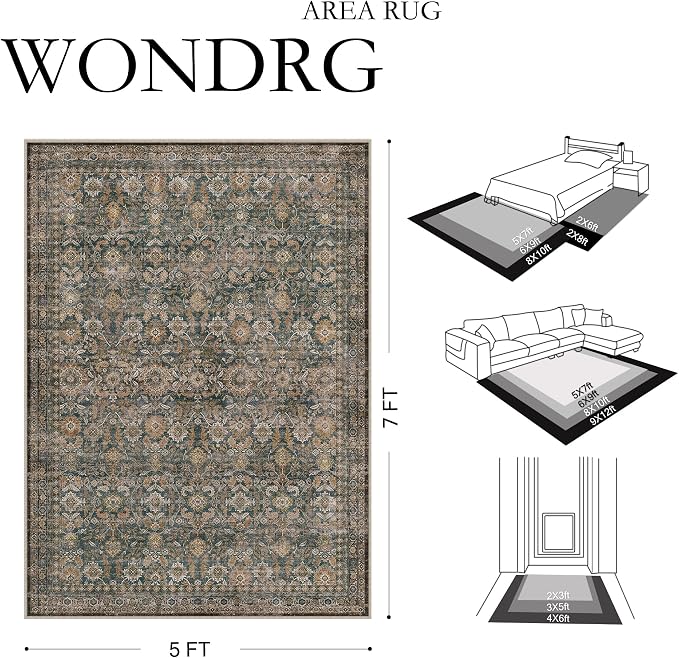 5x7 Washable Traditional Area Rug for Living Room Brown Floral Non Slip Low Pile Throw Rug Neutral Vintage Stain Resistant Carpet Bedroom Kitchen Playroom Office Dining Room