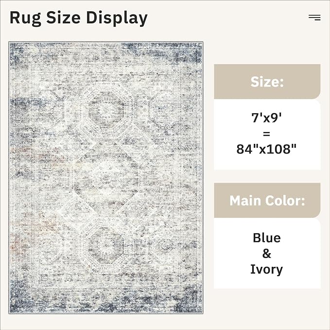 Soalmost 7x9 Area Rug for Living Room Washable Abstract Vintage Soft Thin Indoor Floor Non-Slip Carpet for Bedroom Dining Room Blue Ivory