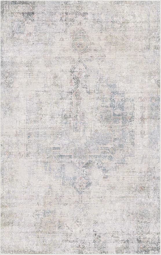 Hazo Haus Blue Abstract Rug for Dining Room - 5x8 Modern Area Rug for Home Office, Foyer, Bedroom, Low Pile & Lightweight