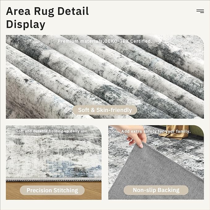 Soalmost Abstract Rug 8x10 Large Living Room Rugs Neutral Modern Washable Area Rugs for Bedroom Dining Room Non-Slip Stain Resistant Foldable Thin Rug Gray Blue