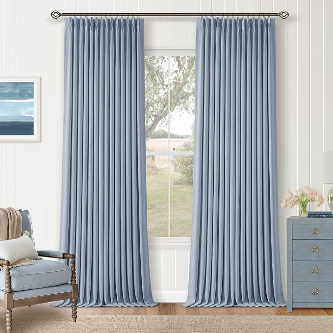 Light Blue Linen Blackout Pleated Curtains 90 Inches Long for Living Room Darkening Pinch Pleat 100% Black Out Drapes Thermal Insulated Soundproof Sky Blue 90 Inch Curtain for Baby Kids Bedroom