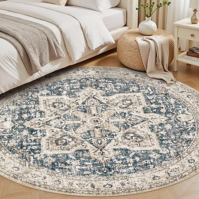 Tortania 4' Round Area Rug Living Room Rugs - Washable Boho Rug Vintage Oriental Distressed Farmhouse Large Thin Indoor Carpet for Bedroom Under Dining Table Home Office - Cream/Blue
