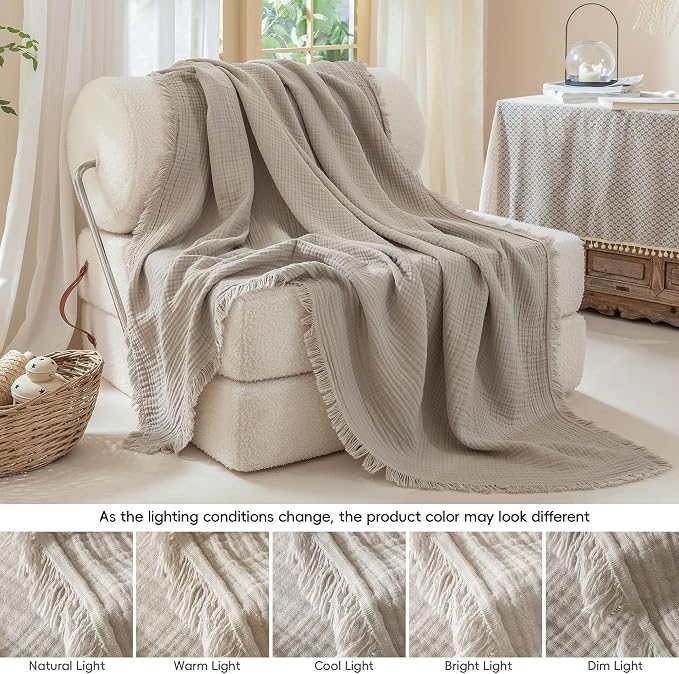 Muslin Fringe Blankets for Adults: 100% Cotton Cloud Soft | 4-Layer Gauze Breathable Lightweight All Season Throw Blanket for Bed Couch Sofa Office