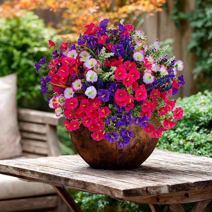 AXYLEX Artificial Flowers Outdoor Morning Glory - 16 Bundles Fake Plants UV Resistant No Fade Faux Plastic Greenery Home Garden Porch Decoration Indoor (1, Multi16-3)