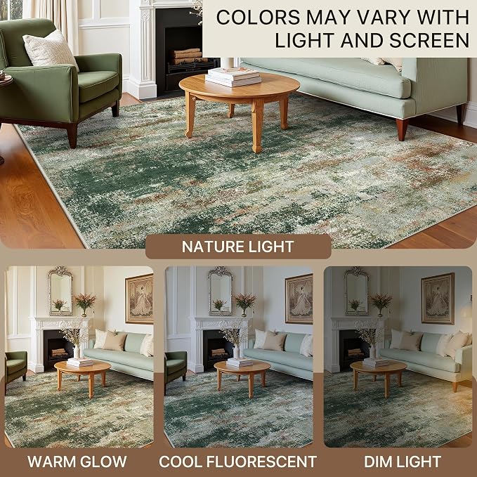 BEIMO Area Rugs 8x10 for Living Room Bedroom, Modern Abstract Machine Washable Rug, Large Soft Low Pile Floor Carpet with Non Slip Backing for Dining Room, Green/Brown