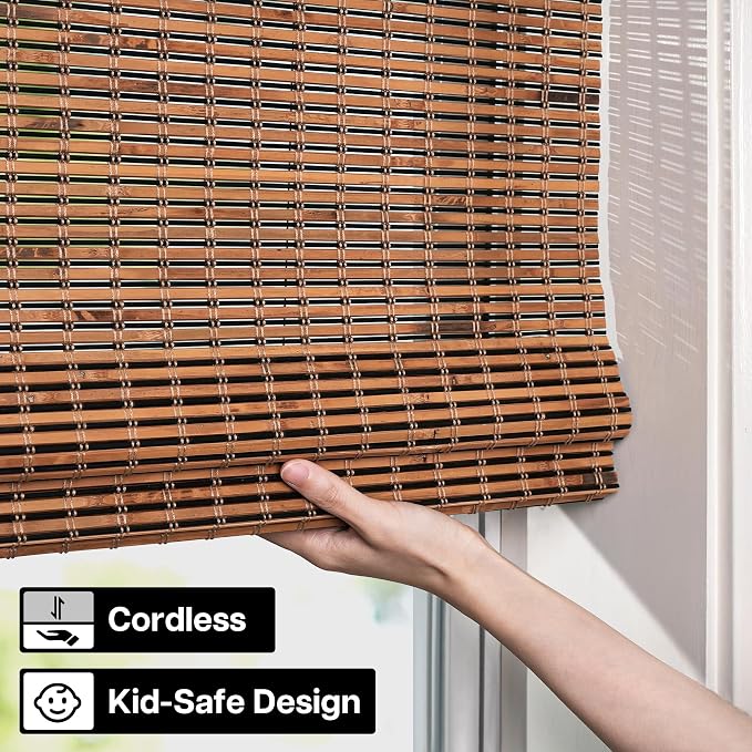 LazBlinds Cordless Bamboo Roman Shades for Windows, 23.5x64, Tatami | Light Filtering Natural Bamboo Blinds, Easy Lift Cordless Design for Living Room & Bedroom, Fits Interior Windows