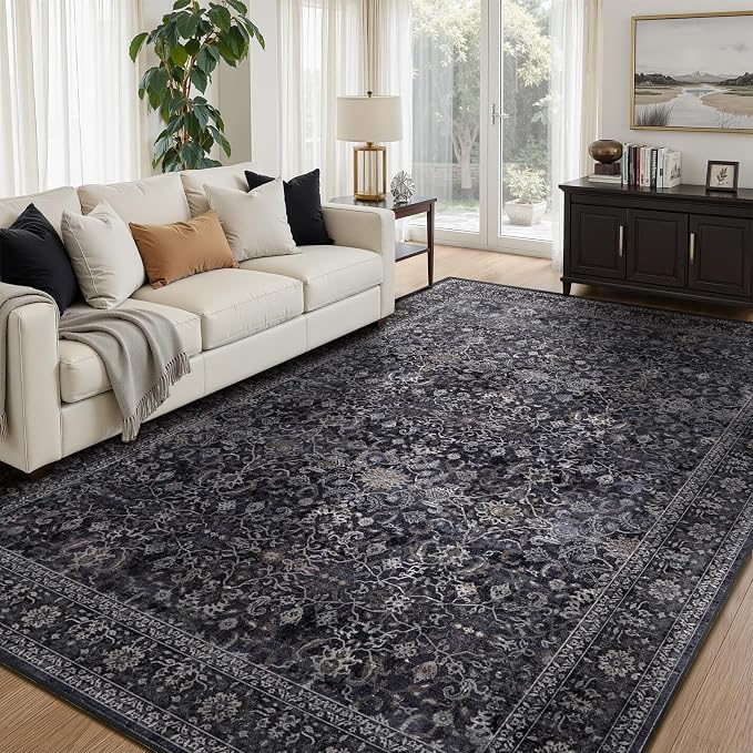 Dark 7x10 Rugs for Living Room, Vintage Farmhouse Area Rug for Bedroom Dining Room, Low Pile Thin Washable Non Slip Room Carpet Rug for Home Office Family Room Guest Room