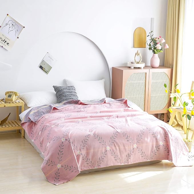 MEJU Pink Flower Muslin Throw Blanket Lightweight Summer for Bed Sofa Couch, 100% Combed Cotton 2 Layer Soft Warm Quick Dry Throw Blanket Bed Coverlet Sheet Flower Pink, F/Q 80 in X 90 in