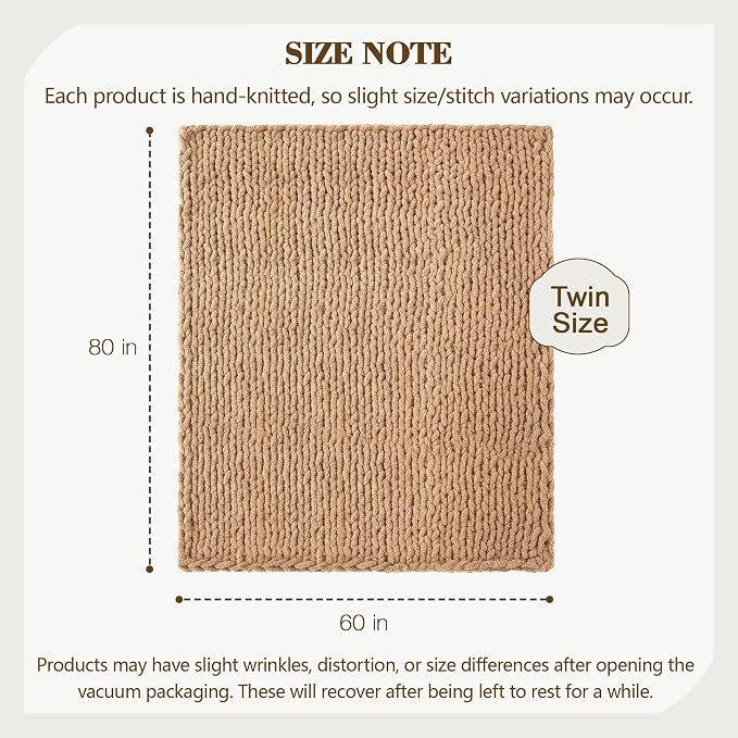 Carriediosa Chunky Knit Throw Blanket 60" X 80" Twin, 100% Hand Made Large Chenille Loop Yarn Soft Fluffy Throws for Couch Sofa Bed, Big Crochet Cozy Heavy Thick Cable Woven Blankets, Tan Brown