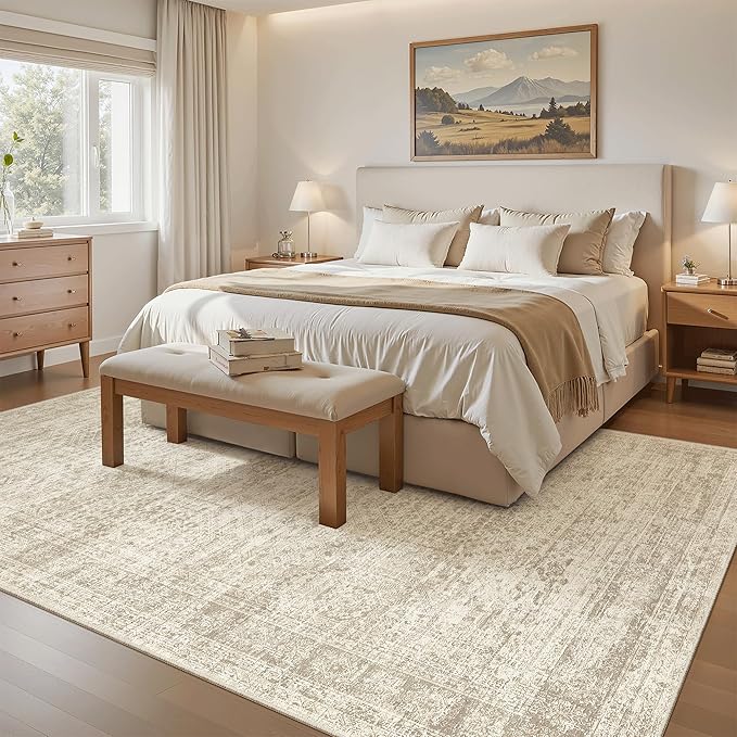 Soalmost 5x8 Area Rugs Beige Low Pile Indoor Washable Trendy Faded Style Rugs for Bedroom Living Room Dining Room Foldable Non-Slip Thin Print Home Office Mat