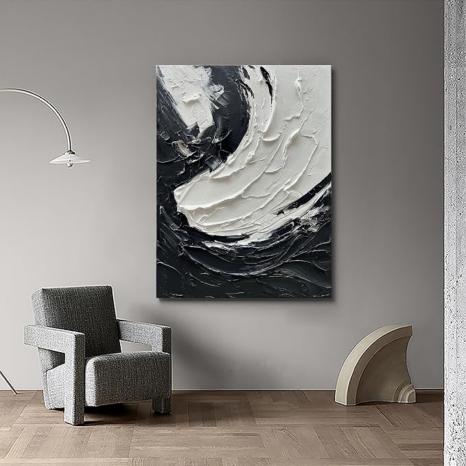 NANKAI Art Minimalist Style Black and White Abstract Oil Painting. Pure Hand-Drawn Wall Art Piece. 40x28 inches. Modern Oil Painting Decorative Art Works for Interior Wall Decoration