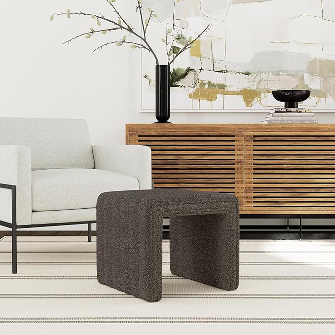 HomePop Modern Channel Tufted Ottoman|Homepop Home Décor|Ottoman for Living Room & Bedroom - Dark Brown Boucle