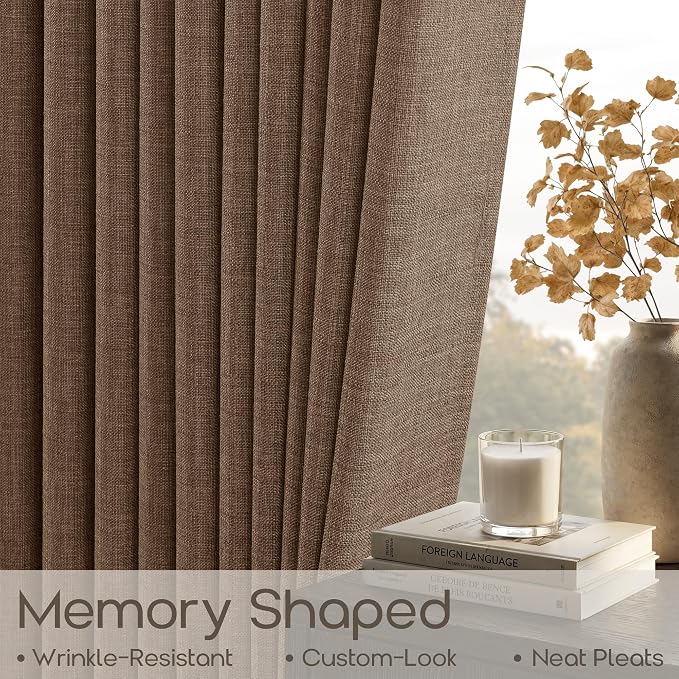 Brown Pinch Pleated Curtains 108 Inches Length for Living Dining Room Rust Retro Country Light Filtering Sheer Back Tab Curtains with Hooks Rings Pinch Pleat Burlap Linen Window Drapes for Bedroom