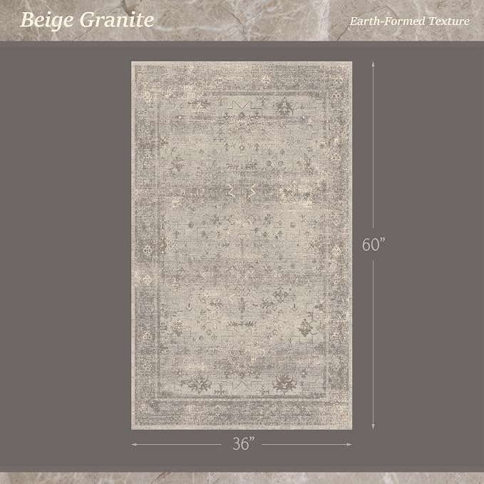 3x5 Washable Entryway Rug, Non-Slip Low Pile Soft Mudroom Rug, Stain Resistant, Greige, Warm Grey Granite, Vintage Mineral Geometric, Organic Modern, Farmhouse for Kitchen & Bedroom Bedside