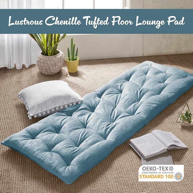 Intelligent Design Edelia Foldable Poly Chenille Light Weight Lounge Floor Pillow Cushion Tufted Seat for Meditation, Game Playing, Yoga, Reading with Travel Wrap, 74x27, Aqua
