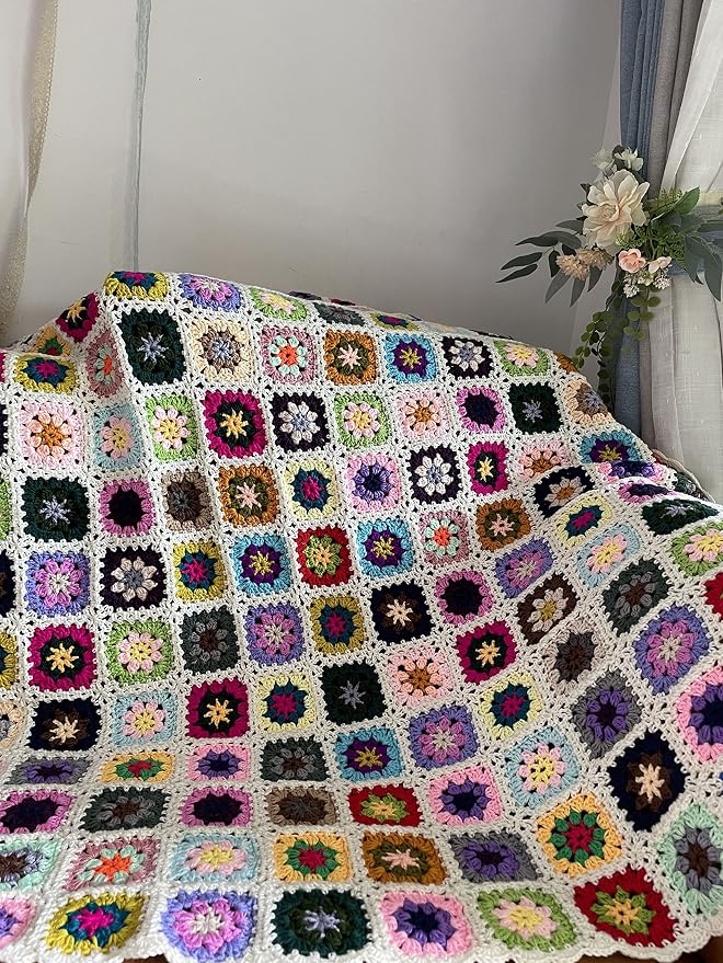 RISEON Handmade Granny Square Crochet Throw Blanket Sweater Style Mat, crochet quilt, multicolor Boho Travel Accent Decor Throw for Sofa Comforter Couch Bed Recliner Living Room Bedroom 47" x47"