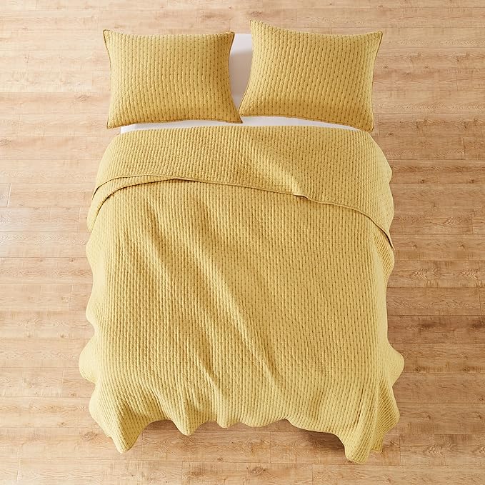 Levtex Home Cross Stitch Reversible Full Bedspread Set (100x104in) with 2 Pillow Shams (26x20in) - Stitch Texture - Ochre - 100% Cotton Full Size Bedspread Set - Lightweight, Soft, Pre-Washed