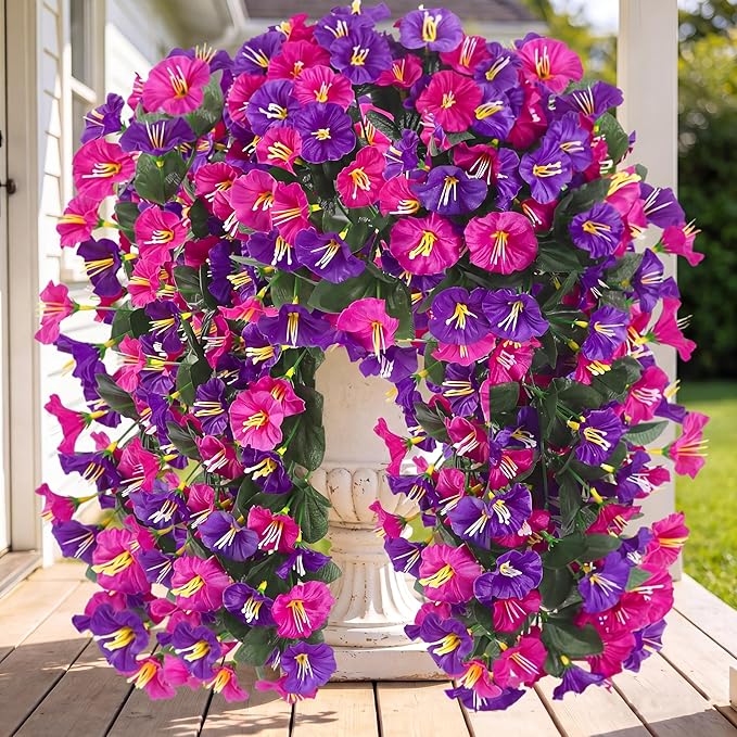 Artificial Fake Hanging Flowers Plants for Outdoor Outside Spring Summer Decoration 4PCS Faux Silk UV Resistant Realistic Morning Glory Trailing Vines for Home Porch Patio Balcony(Purple & Magenta)