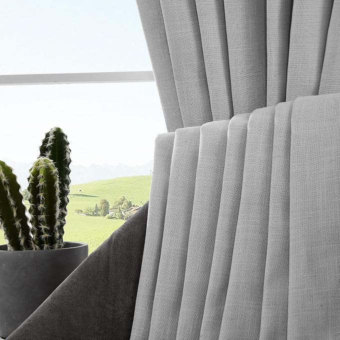 Joydeco Linen Curtains for Living Room,Light Filtering Rod Pocket Back Tab Semi Sheer Drapes Window Long Curtains 96 inches Long Ebony Grey