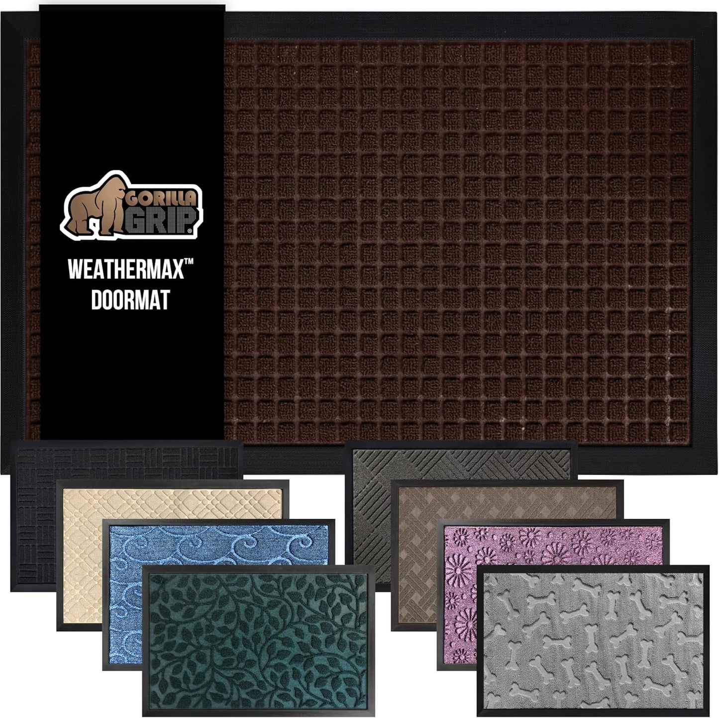 GORILLA GRIP 100% Waterproof All-Season WeatherMax Doormat, 47x35, US Designed Natural Rubber, Stain and Fade Resistant, Low Profile Indoor Outdoor Door Mats, Easy Clean Patio Mat, Coffee Squares