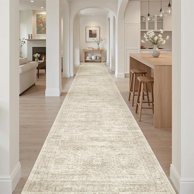 Soalmost Hallway Runner Rug 3x18 - Kitchen Rugs 18ft Washable Entryway Rug Vintage Kitchen Runners Non Slip Farmhouse Indoor Carpet Runner for Living Room Bedroom, Beige