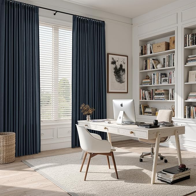 Guken Vintage Blue Pinch Pleated Linen Curtains 84 Inches Long 2 Panels Set Vintage Farmhouse Boho Window Curtain for Living Room Bedroom Semi Sheer Back Tab Draps with Hooks Rings Aesthetic Decor