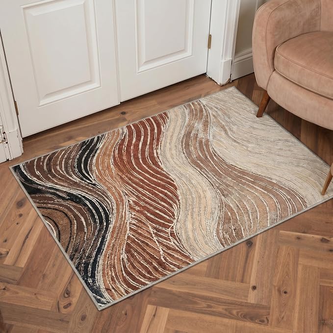 BEIMO Area Rugs 5x7 for Living Room Bedroom, Modern Abstract Machine Washable Rug, Large Soft Low Pile Floor Carpet with Non Slip Backing for Dining Room, Caramel Sand
