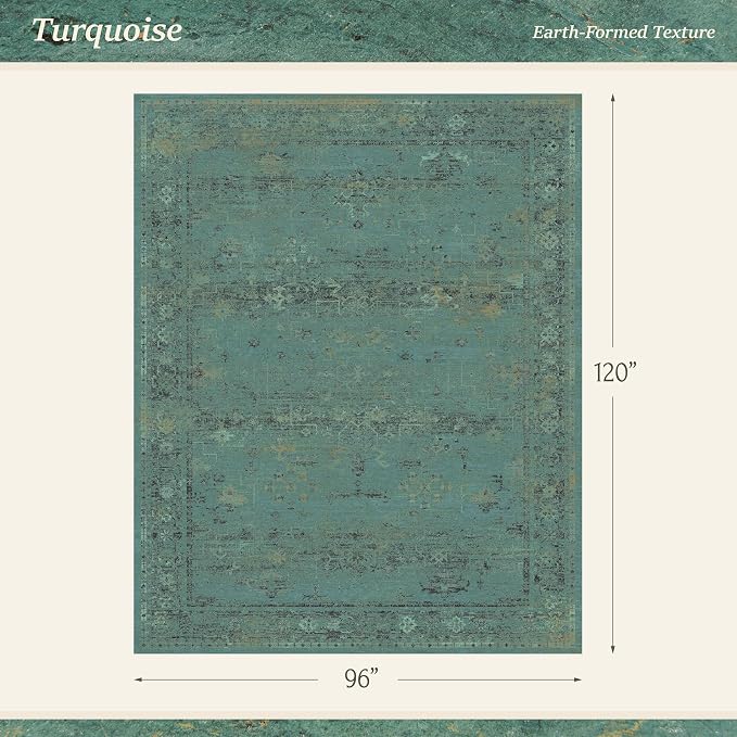 Turquoise Green 8x10 Washable Area Rug for Living Room, Non Slip Low Pile Vintage Boho Carpet, Distressed Teal Geometric Rug for Dining Room, Bedroom, Neutral Friendly Farmhouse Décor
