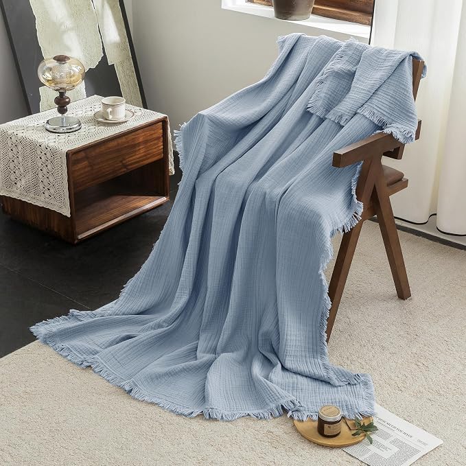 FOSSA Muslin Blanket 4-Layer 100% Cotton Gauze Blanket with Fringe 108"x98" | Super Soft Breathable Lightweight All Season & Decorative Blanket or Bed, Sofa, Office (Cornflower Blue,Super King)