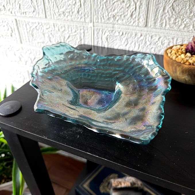 Oyster Shell Decorative Plate, 10 Inch Sea Blue Iridescent Glass | Compact Freeform Shell Form, Wavy Uneven Edges, Glossy Multitone Finish, Sits Flat for Tabletop Display