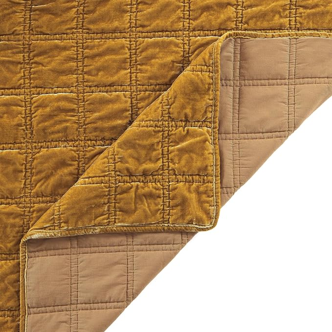 HiEnd Accent Stella Faux Silk Velvet Double Box Stitch 3 Piece Quilt Set, Full Queen Size, Saffron Solid Color, Classic Chic Modern Rustic Elegant Bedding Set, Lightweight Bed Set