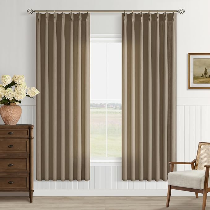72 Inch Brown Pinch Pleated Linen Curtains 2 Panels for Living Dining Room Linen Textured Light Filtering Pinch Pleat Semi Sheer Drape Back Tab 72 Inch Window Curtains for Bedroom Cabin