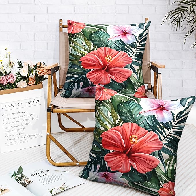 Hibiscus Flowers Pillow Covers Hawaiian Tropical Throw Pillow Covers 16x16 Set of 2 Monstera Palm Leaves Pillowcase Double Sided Printing Cushion Case for Patio Outdoor Sofa