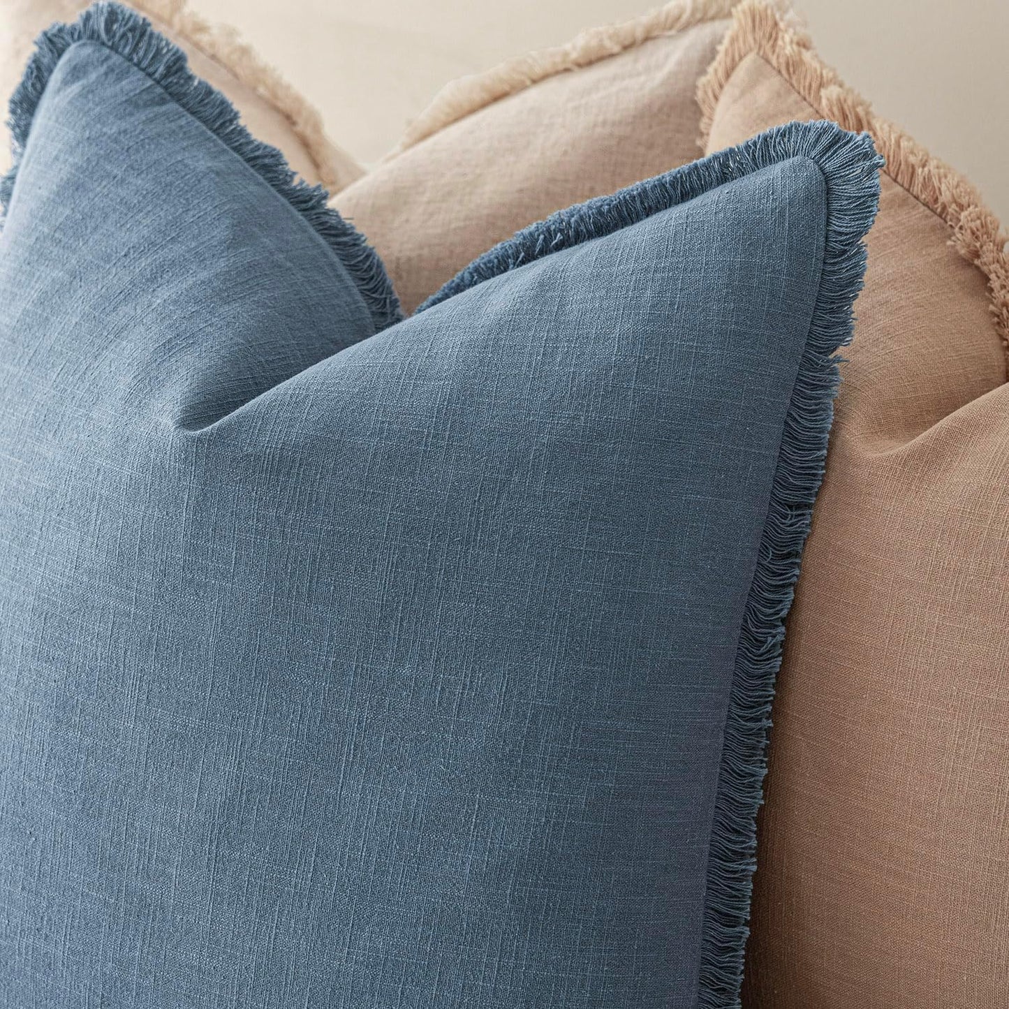 Foindtower Set of 2 Decorative Linen Fringe Throw Pillow Covers Cozy Boho Farmhouse Cushion Cover with Tassels Soft Accent Pillowcase for Couch Sofa Bed Living Room Home Decor, 24×24 Inch, Misty Blue