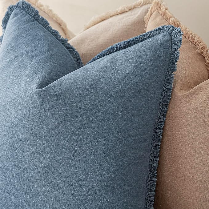 Foindtower Set of 2 Decorative Linen Fringe Throw Pillow Covers Cozy Boho Farmhouse Cushion Cover with Tassels Soft Accent Pillowcase for Couch Sofa Bed Living Room Home Decor, 16×16 Inch, Misty Blue