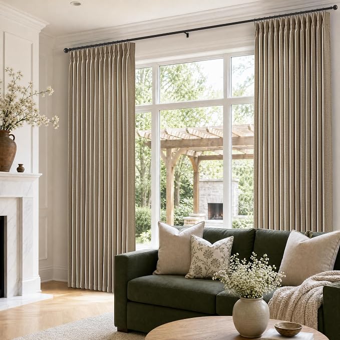 Dark Flax Linen Pleated Curtains 84 Inches 2 Panels Set Farmhouse Rustic Semi Sheer Light Filtering Thick Linen Pinch Pleat Office Curtains Light Brown Back Tab Drapes for Living Dining Room Bedroom