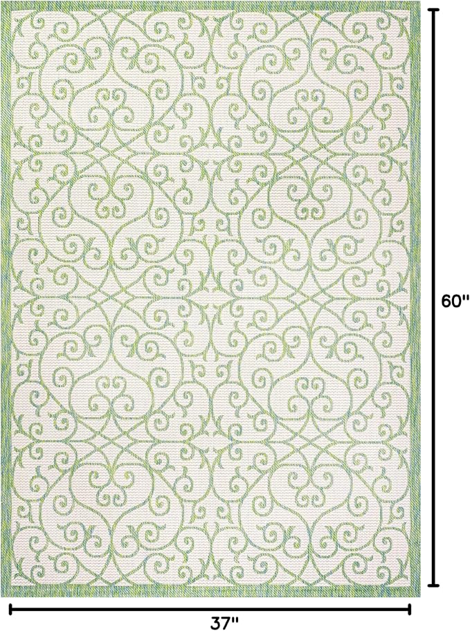 JONATHAN Y Vintage Filigree Indoor Outdoor Area Rug 3X5 Cream/Green, Madrid Textured Weave for Backyard, Patio, Porch, Easy-Cleaning, High Traffic, Pet-Friendly, Non-Shedding (SMB107J-3)