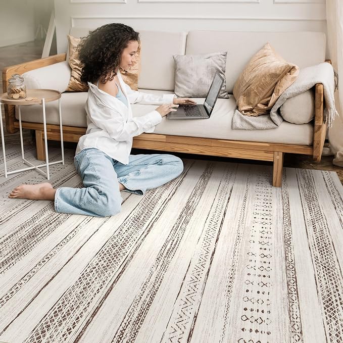 Tortania Area Rug Living Room Rugs - 5x7 Washable Large Soft Neutral Boho Moroccan Bohemian Farmhouse Rug Indoor Floor Carpet for Bedroom Under Dining Table Home Office Decor - Brown Beige