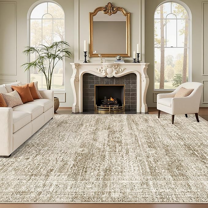 Soalmost Washable Area Rug 8x10, Large Soft Rugs for Living Room Vintage Area Rugs for Bedroom Dining Room Non-Slip Stain Resistant Brown Under Table Rug