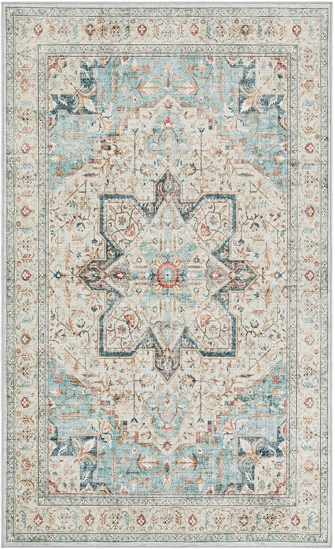 Tortania Area Rug Living Room Rugs - 3x5 Washable Rug Vintage Oriental Distressed Farmhouse Small Thin Indoor Carpet for Living Room Bedroom Under Dining Table Home Office - Aqua Multi