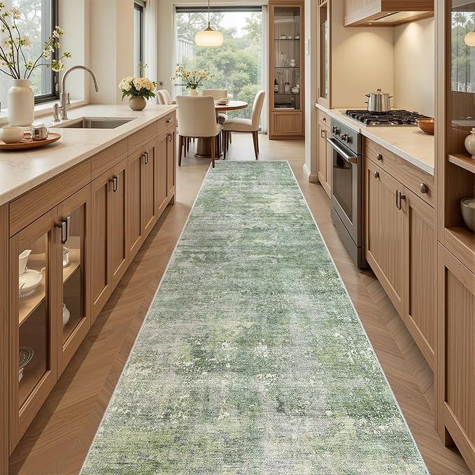 Soalmost Runner Rug 2x10 Washable Non-Slip Hallway Runner Rugs for Kitchen Bathroom Laundry Room Green/Ivory Vintage Floor Carpet Runners for Hallways Entryway