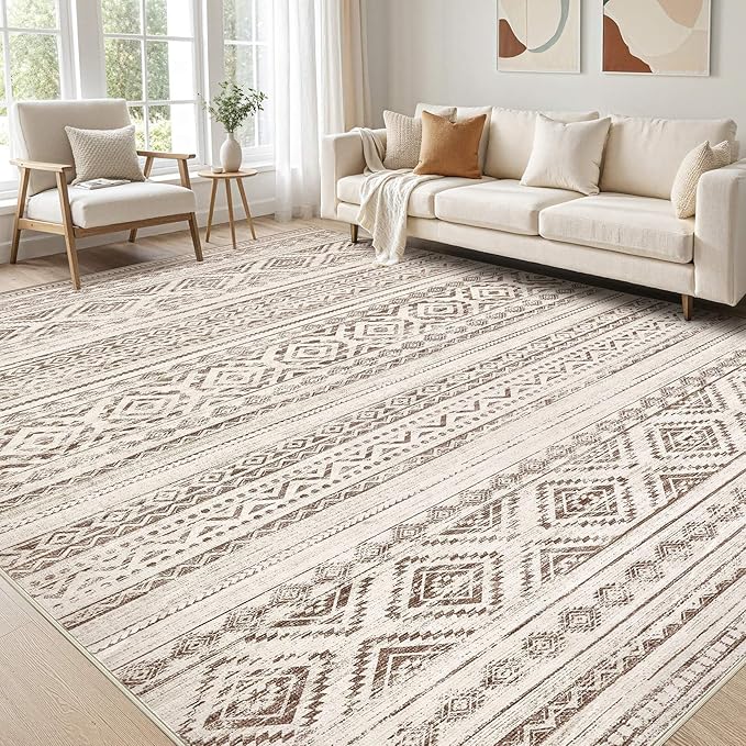 cotiled 9x12 Area Rug Living Room: Washable Boho Rugs with Non Slip Backing Large Soft Indoor Stain Resistant Carpet for Bedroom Farmhouse Dining Room Lightweight Home Decor Dark Brown
