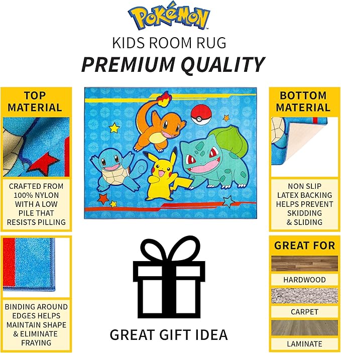Pokémon Kids Room Blue Non Slip Area Rug, 69 in x 52 in, (Officially Licensed Product) by Franco
