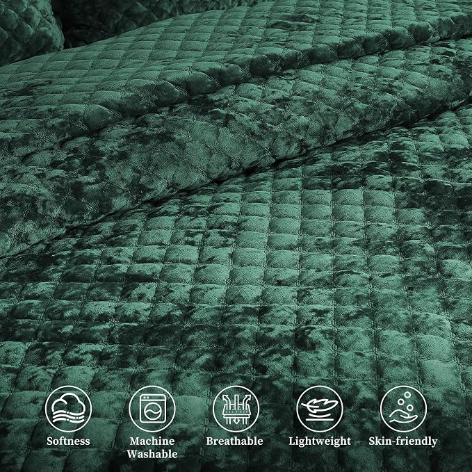 Luxury Soft Velvet Quilt Set Queen Size - Lightweight Velvet Bedding Set for All Season, Oversized Bedspread Coverlet Comforter Set with 2 Pillow Shams, Green, Diamond