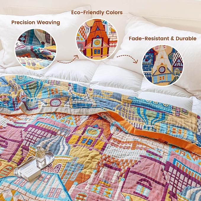 MSGKV Whimsical Roman Castle 100% Cotton Woven Throw Blanket, 50"x60" Colorful & Lightweight&Summer Breathable Art Cartoon Throw Blanket for Couch Bed, Unique Decor for Adult Bedroom, Living Room
