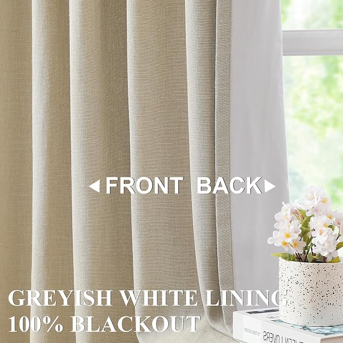 Vision Home Sand Pinch Pleated Full Blackout Curtains Linen Blended Room Darkening Window Curtains 112 inch for Living Room Bedroom Thermal Insulated Pinch Pleat Drapes with Hooks 40" Wx112 Lx2