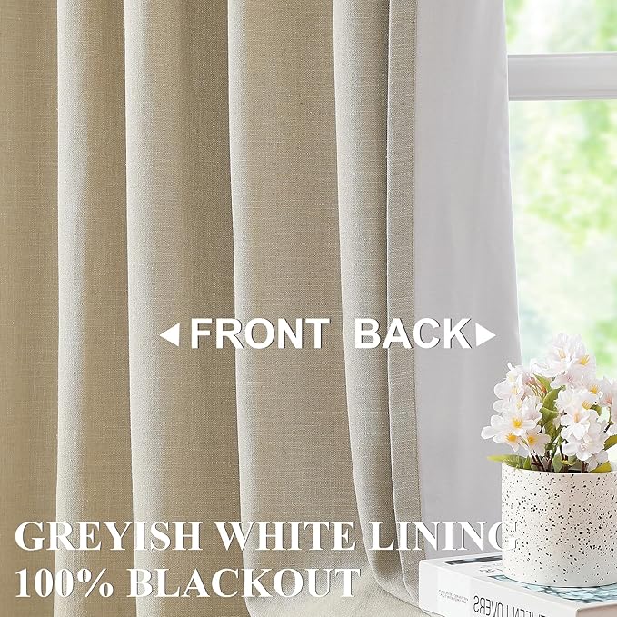 Vision Home Sand Pinch Pleated Full Blackout Curtains Linen Blended Room Darkening Window Curtains 102 inch for Living Room Bedroom Thermal Insulated Pinch Pleat Drapes with Hooks 60" Wx102 Lx1