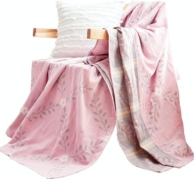 MEJU Flower Muslin Lightweight Summer Blanket for Bed Sofa Couch, 100% Combed Cotton 2 Layer Soft Warm Quick Dry Throw Blanket Bed Coverlet Sheet Flower Pink, Twin 60 in X 80 in